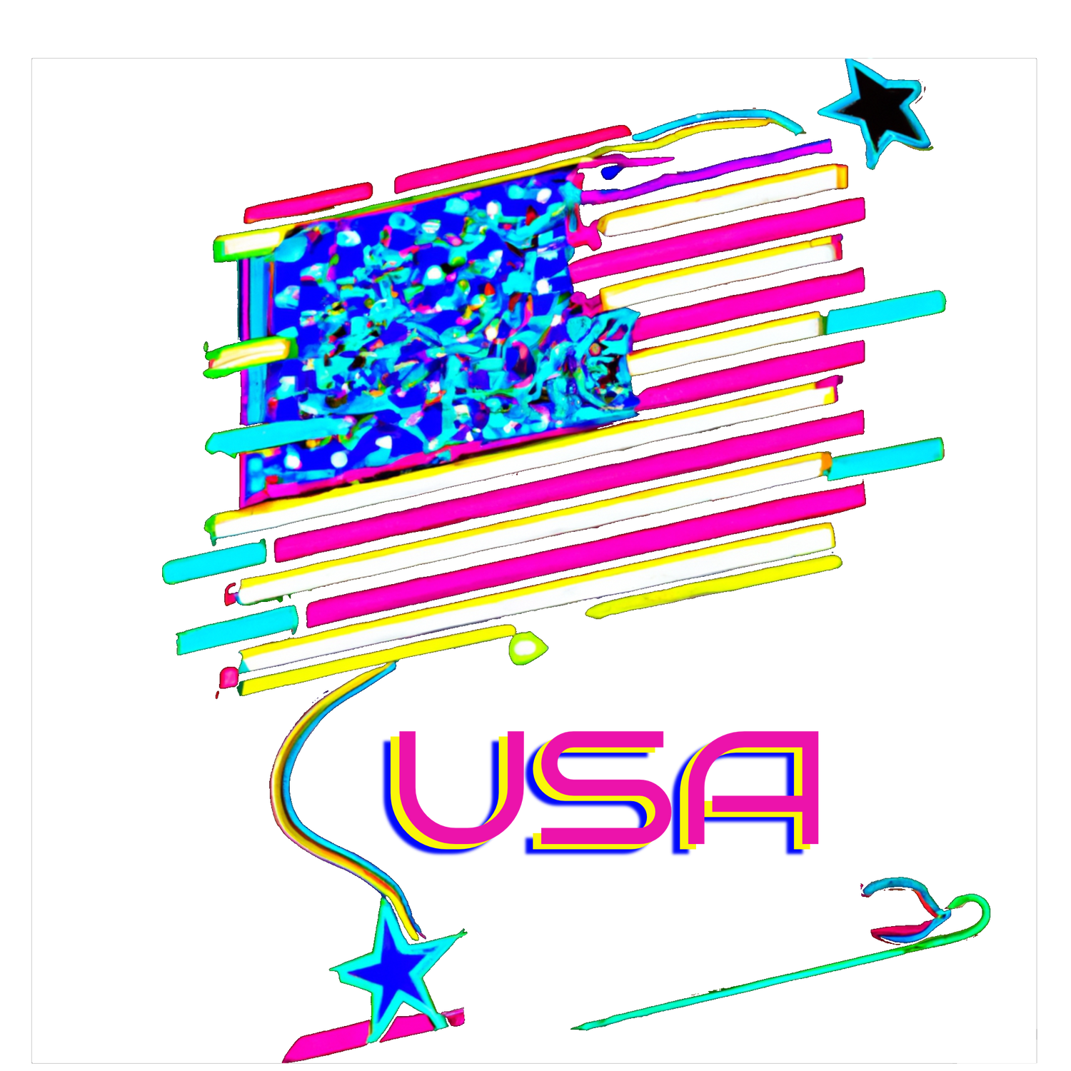 Retro 80's style neon, pink, blue and yellow USA flag