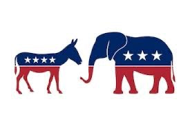 Picture of a red, white and blue donkey and elephant