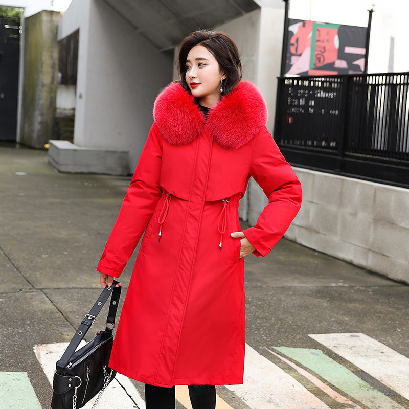 Mid-length women's lamb fur collar down jacket