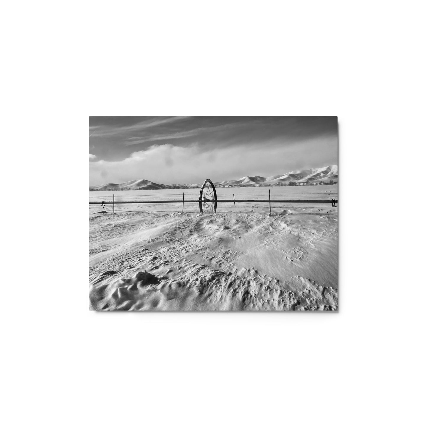 Snowy field with water wheel - B/W - Metal prints