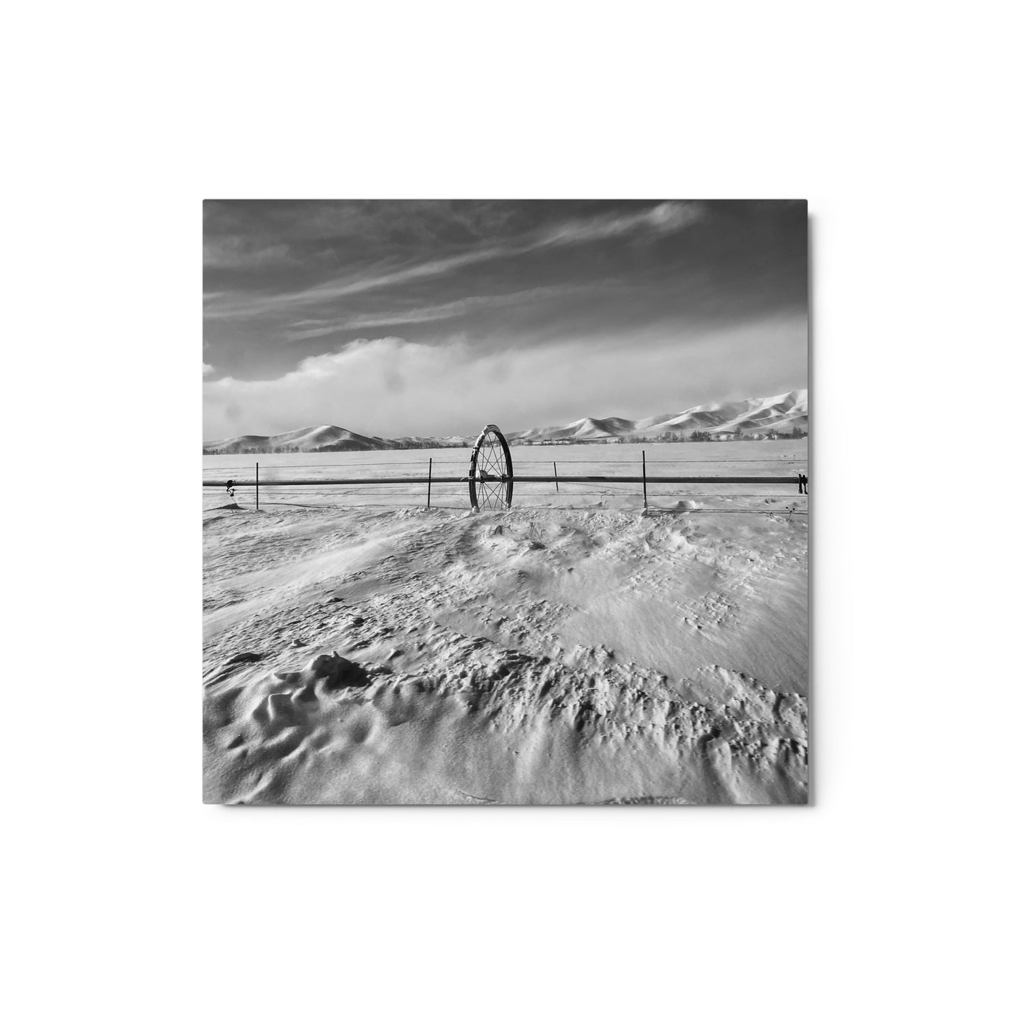 Snowy field with water wheel - B/W - Metal prints