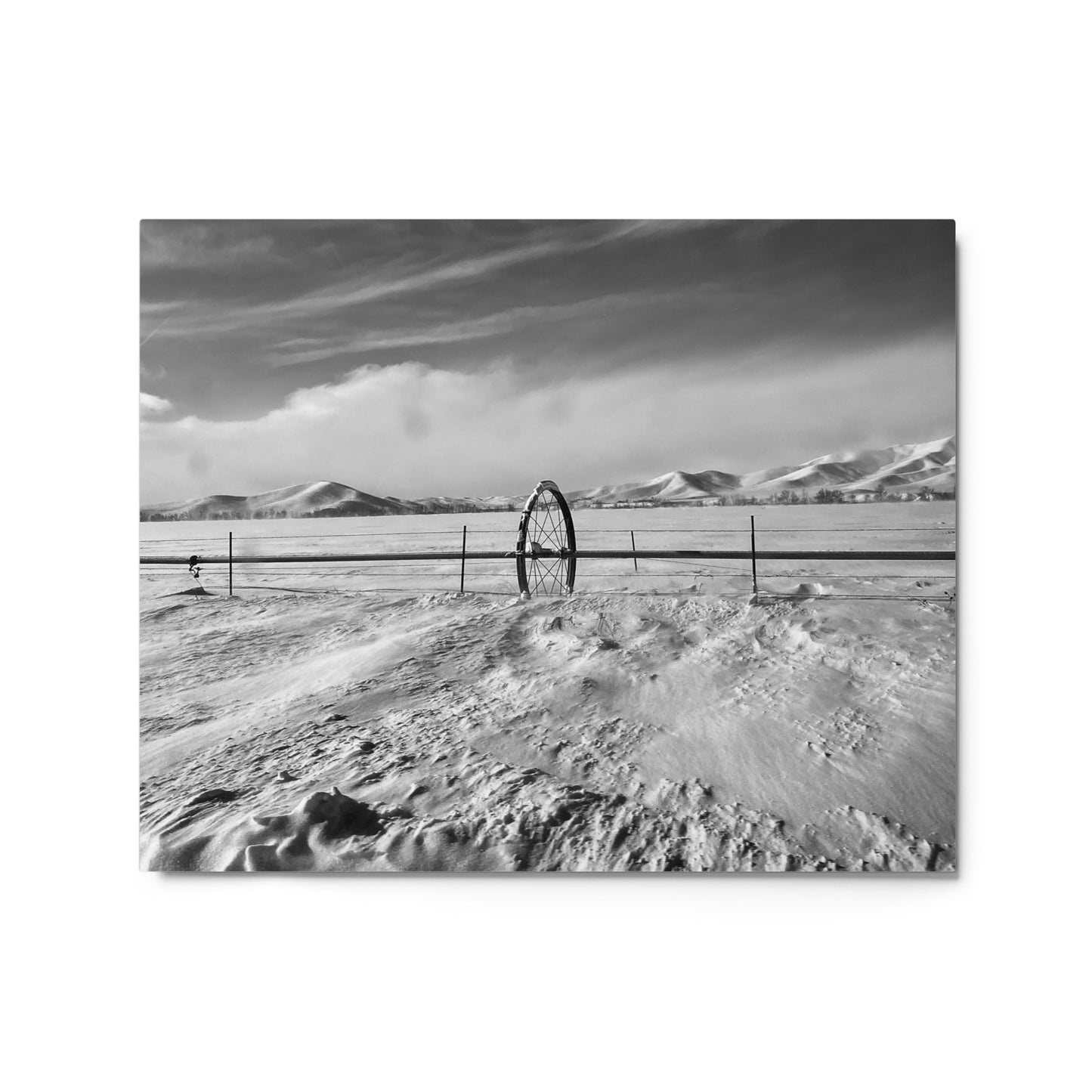 Snowy field with water wheel - B/W - Metal prints