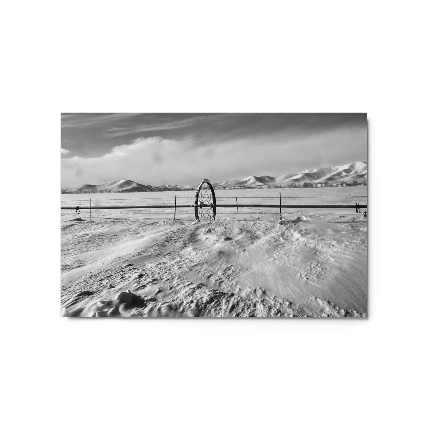 Snowy field with water wheel - B/W - Metal prints