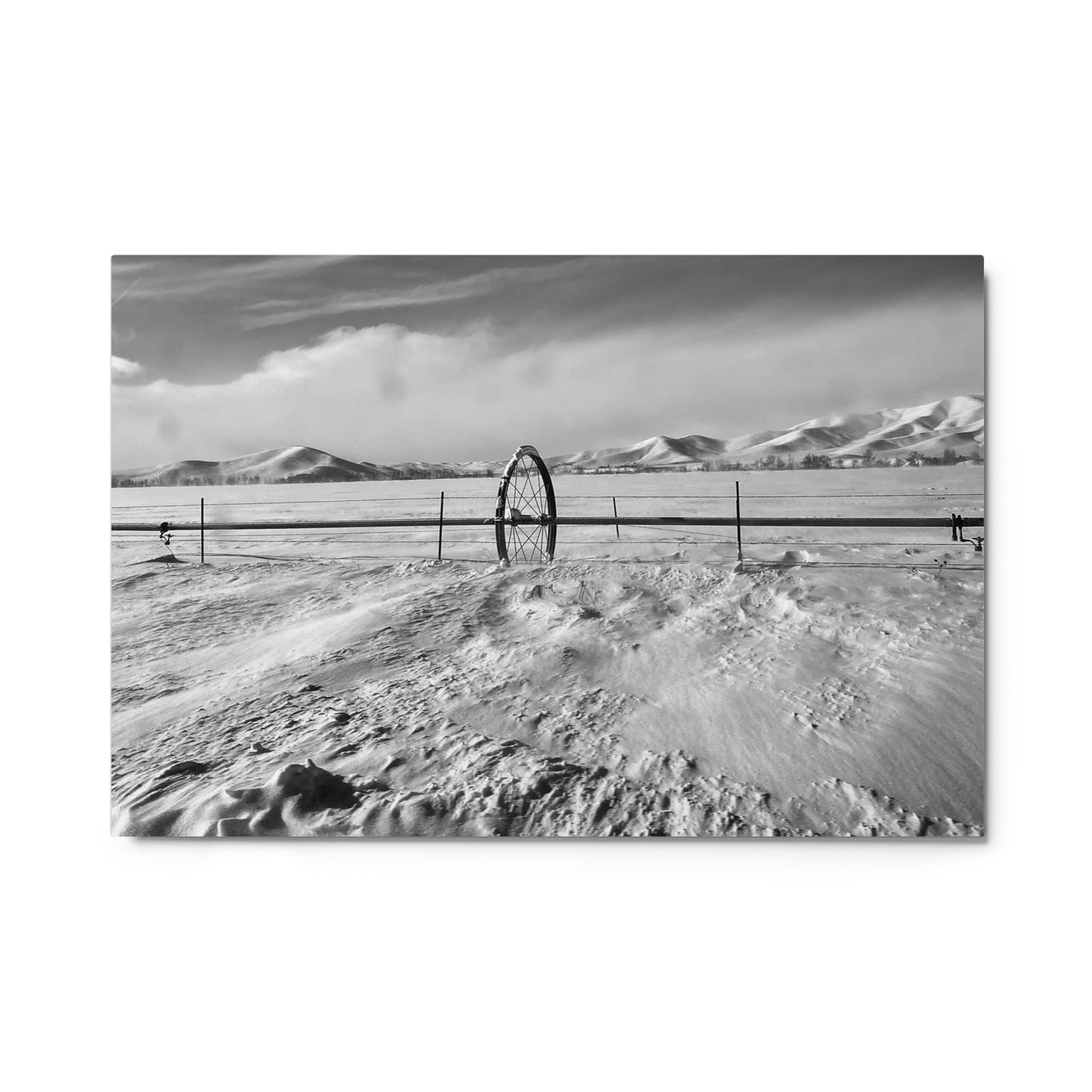 Snowy field with water wheel - B/W - Metal prints