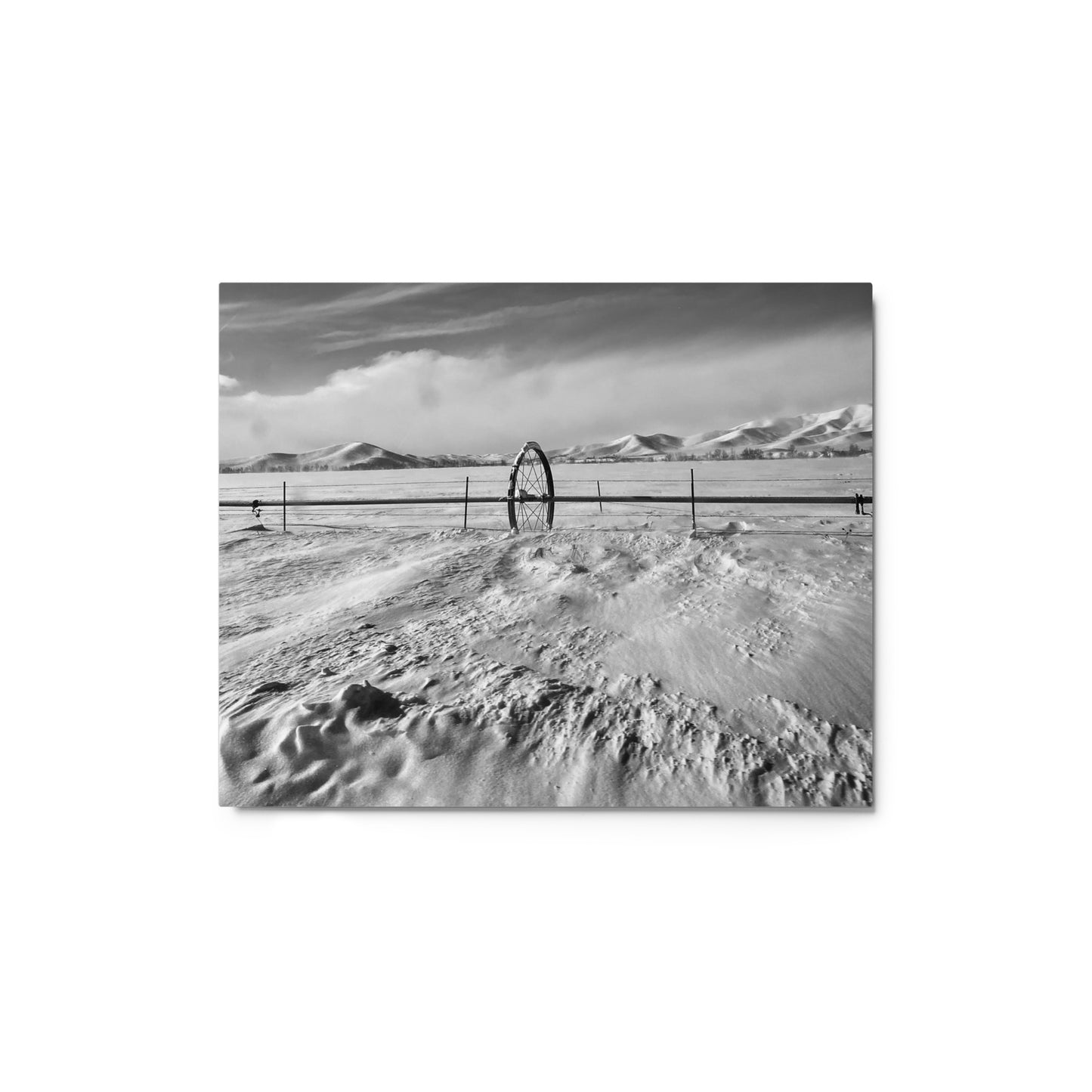 Snowy field with water wheel - B/W - Metal prints